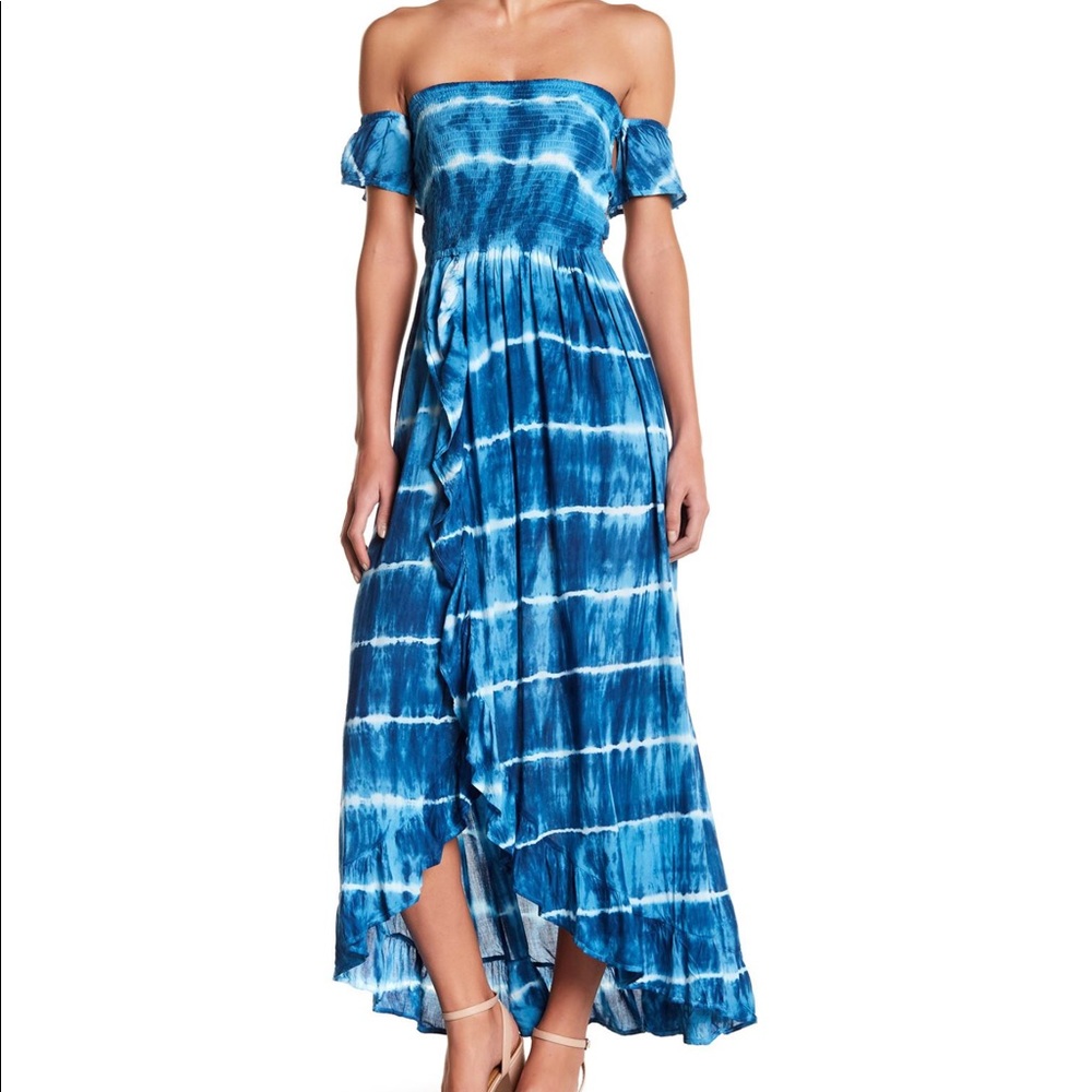 Tiare Hawaii Heath Off Shoulder Dress Blue Sz M-L